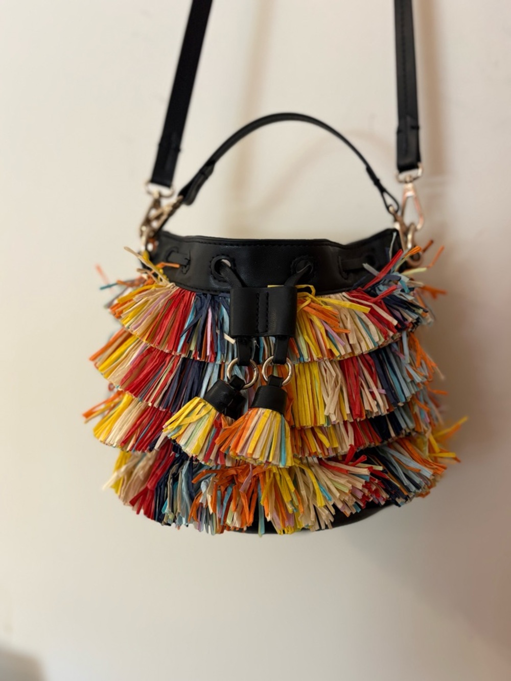 NWOT Zara Black Multicolor Tassel Bucket Bag fun mini vacation purse